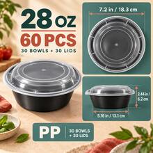 60 Sets Of Round Takeout Food Boxes, Leak-Proof Lunch Boxes With Lids, 28oz Capacity, Suitable For Holding Noodles, Salads, Soups, Heat-Resistant, Microwave Oven And Dishwasher Compatible, Ideal For Restaurants, Picnics And Parties. - Black - View 12