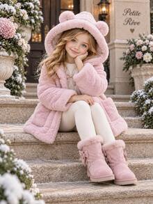 Girls' Winter Padded Coat With Ear Decor, Toddler & Tween Girl Warm Cotton Outerwear - Pink - View 5