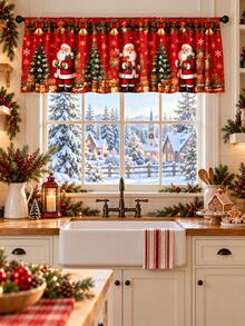 1pc-Short Christmas Window Drape Set, Red Santa Claus Christmas Tree Golden Bells Gift Box Snowflake Printed Kitchen Valance & Sink Cabinet Curtain, Rustic Holiday Window Treatment, Warm Winter Seasonal Home Decor For Farmhouse Kitchen Sink Window - Multicolor - View 11