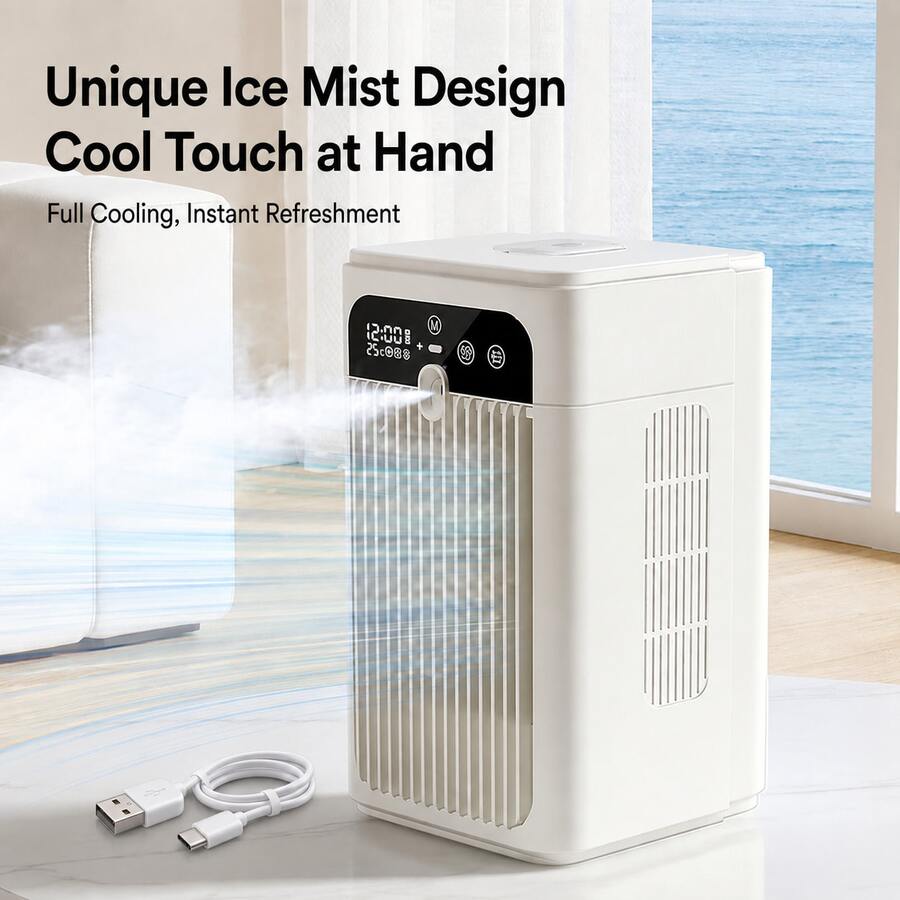 SoffinaLife Air Conditioner Fan, Cold Air Cooler, Desktop Air Conditioner Fan, Quiet, Smart, Timer, Small Fan, Summer Outdoor, Cooling, Mini Cold Air Fan,