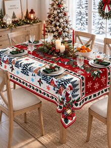 1pc Christmas Round Tablecloth, Snowman Winter Village Lantern Pinecone Print, Red Green Festive Dining Table Cover For Kitchen Decor, Holiday Party Home Decor, Christmas Decorations For Home - Multicolor - View 6