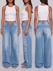 Low Waist Wide Leg Casual Blue Slanted Pocket Curved Leg Women's Jeans - Medium Wash - View 2