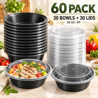60 Sets Of Round Meal-Preparation Bowls, Washable And Reusable. 28oz Leak-Proof Lunch Box, Heat-Resistant, Suitable For Microwave Ovens And Dishwashers. Ideal Choice For Takeout Meal Preparation. Perfect For Halloween, Christmas And Restaurants.