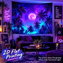 2D Flat Pattern, Single Piece, Coconut Grove Night Scene Tapestry, Palm Trees, Full Moon, Nebula, Starry Sky Pattern, Glows Under Fluorescent Light, Suitable For Wall Decoration, Hanging On Bedroom Background Wall, Also Suitable For Party Decoration. - Multicolor - View 8