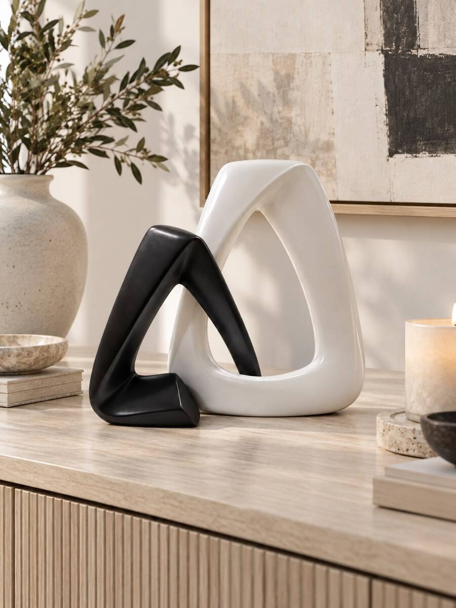 2pcs Modern Abstract Geometric Sculpture, Black & White Interlocking Triangle Decor, Minimalist Hollow Tabletop Ornament For Living Room Bookshelf Console Table Office Entryway Home Decor - Multiple Styles - View 1