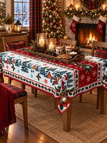 1pc Christmas Round Tablecloth, Snowman Winter Village Lantern Pinecone Print, Red Green Festive Dining Table Cover For Kitchen Decor, Holiday Party Home Decor, Christmas Decorations For Home - Multicolor - View 7