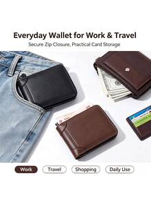 1pc Men Minimalist Horizontal Short Wallet, Multi-Function Card Holder Integrated Purse, Large Capacity Zipper Leather Billfold For Daily Use - Multicolor - View 6