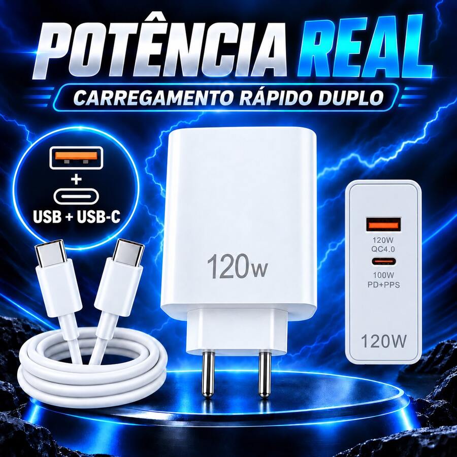 Carregador Ultra Rápido 2 Entradas de 120W Cabo 1M para Mi Turbo Charge Turbo Power Cabo USB + Cabo Tipo C