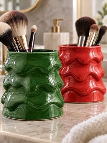 This Wavy-Textured Makeup Brush Holder-Featuring A Red And Green Color Scheme-Serves As A Decorative Vanity Organizer For Makeup Brushes And Beauty Tools. - A - View 4