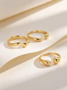 Charm-In Gold-Plated Open Stackable Ring, Double Water Drop End Polished Metal Ring, Minimalist Modern Exquisite Ring, Suitable For Daily Wear And Workplace Party Jewelry, Unique Birthday Holiday Gift For Women And Girls - Gold - View 2
