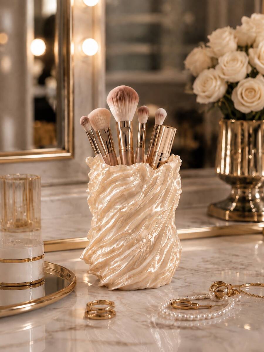 1pc Sculptural Wave Design Cosmetic Storage Box, Makeup Brush Holder And Cosmetic Display Rack, Large Capacity Vanity Storage Cup, Suitable For Makeup Brushes, Lipsticks And Beauty Tools, Desktop Vanity Storage, Bedroom Bathroom Countertop Decor, Women's Gift