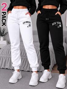 Paquete Set conjunto 2 grafico piezas pantalones deportivos pans pants dama mujer casuales casual pantalón wide pierna ancha estilo deportivo bolsas bolsillos funcionales tela cómoda suave - Negro y Blanco - Ver 1