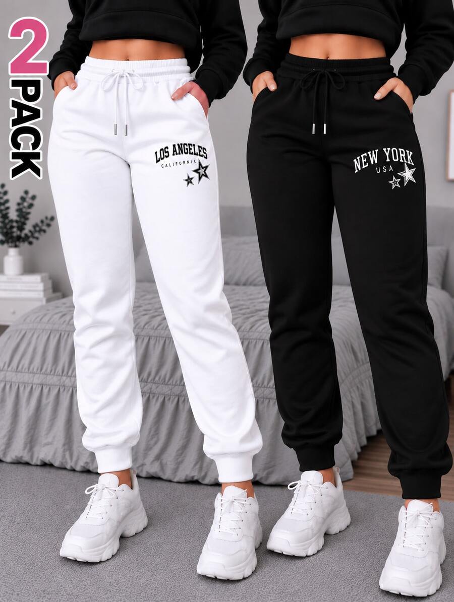 Paquete Set conjunto 2 grafico piezas pantalones deportivos pans pants dama mujer casuales casual pantalón wide pierna ancha estilo deportivo bolsas bolsillos funcionales tela cómoda suave - Negro y Blanco - Ver 1