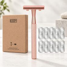 KEROPY Rose Gold Color Safety Razor Set With 10 Replacement Blades, Double Edge Manual Razor With Textured Handle For Women & Men - Multicolor - View 2