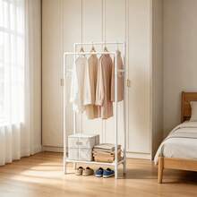 Double-Pole Vertical Clothes Drying Rack, Tall Hanging Area For Long Garments To Prevent Dragging, Side Hooks For Bags And Keys, Bottom Storage Shoe Rack, Thickened Steel Tube For Strong Load-Bearing, Floor-Standing Drying Rack For Home Bedroom - Single/Double-layer Drying Rack - View 5