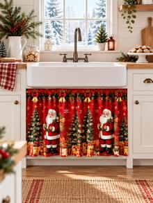 1pc-Short Christmas Window Drape Set, Red Santa Claus Christmas Tree Golden Bells Gift Box Snowflake Printed Kitchen Valance & Sink Cabinet Curtain, Rustic Holiday Window Treatment, Warm Winter Seasonal Home Decor For Farmhouse Kitchen Sink Window - Multicolor - View 10