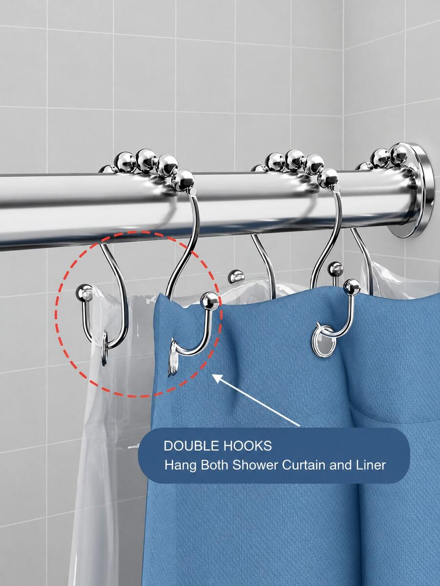 12/1pc Stainless Steel Double Roller Ball Hooks, Suitable For Bathroom - Rust-Proof, Smooth Sliding Double Rings, Suitable For Shower Curtains And Liners, Bathroom Shower Curtain Set, Bathroom Curtains, Bathroom Accessories, Shower Curtain Hooks, Bathroom Decor