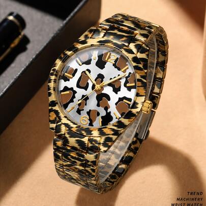 1pc Women's Luminous Design Premium Leopard Print Texture Fashion Versatile Quartz Wristwatch