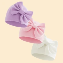 Juego de 3 gorros de punto con lazo grande para recién nacidos, colores básicos, tela elástica suave y amigable con la piel, uso multicolor rotativo, adecuado para hospital, hogar y exterior - Multicolor - Ver 7