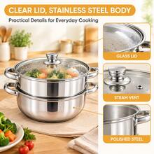 28cm Stainless Steel Steamer With Glass Lid, 2-Layer Soup Pot And Steamer Set, Designed For Both Steaming And Boiling - View 5