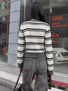 Women's European & American Style Colorblock Striped Cardigan, Slim Fit Layering Knit Sweater, Long Sleeve Open Front Top, Essential For Early Autumn And Late Winter, High-End Look - White - View 3