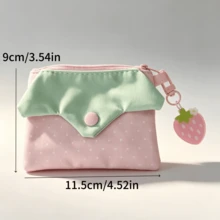 1pc Cute Strawberry Charm Coin Purse, Pink Polka Dot Mini Card Holder, Zipper Wallet For Girls - Multicolor - View 6