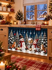 2pcs Blue Christmas Kitchen Curtain Set, Snowman Fox Cardinal Snowflake Winter Forest Print, Window Valance & Cabinet Curtain, Festive Kitchen Decor, Holiday Home Decor, Christmas Decorations For Home - Multicolor - View 6