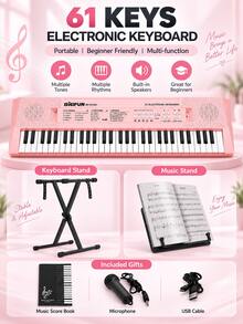 Teclado electrónico de 61 teclas con micrófono, instrumento de teclado multifuncional de entrada, alimentación dual, uso dual con enchufe y batería, instrumento musical portátil para actuaciones en el hogar, práctica musical y uso diario - Varias opciones disponibles (embalaje mejorado) - Ver 25