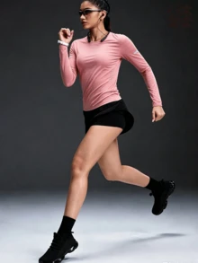 mulinsen 女款長袖運動上衣，條紋吸濕排汗修身款，適合戶外健身訓練 - 紅色 - 查看 5