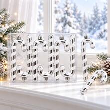 6Pcs Silver White Striped Candy Cane Christmas Ornaments Set, Glossy Glitter Hook Cane Design, Luxury Xmas Tree Hanging Pendants Gift Box - one-size - View 9