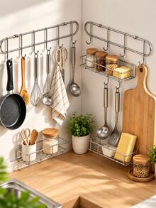 2pcs Kitchen Wall Hooks & Hanging Rod, Kitchen Utensil Storage Rack, Drill-In Or Adhesive Installation (No Drilling Required), Includes Mounting Accessories, Suitable For Storing Spatulas, Ladles, Whisks, Towels And Cookware - Multicolor - View 6