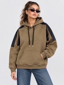 Women's Khaki Contrast Panel Hoodie, Relaxed Pullover Sweatshirt With Kangaroo Pocket, Casual Streetwear - Coffee Brown - View 8