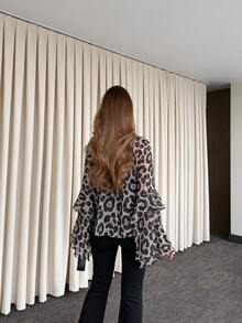 Women's Leopard Print Semi-Sheer Blouse, Long Sleeve Elegant Top With Ruffle Details And Delicate Tie Design, Suitable For Autumn Commute Or Casual Wear - Multicolor - View 3