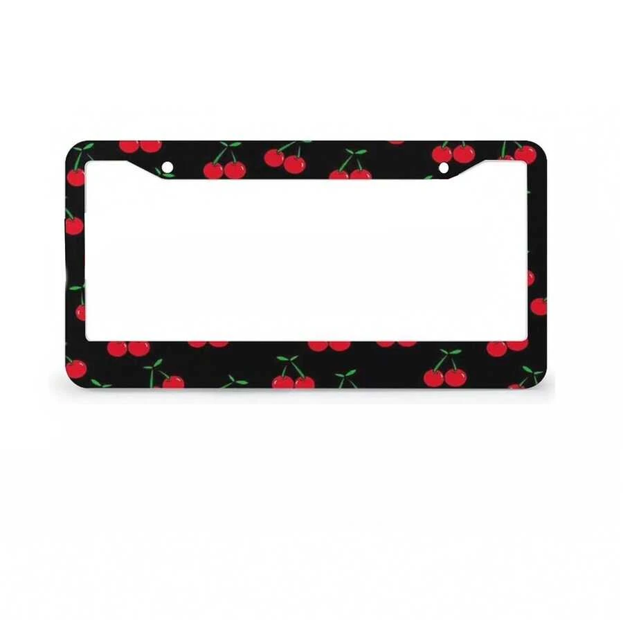 [2D Flat Design]Sweet & Cool Cherry Aluminum License Plate Frame Set (Single Pack) – Black Background With Vibrant Red Cherry Pattern – Universal 12x6 Inch Size – Compatible With Standard US License Plates – Decorative License Plate Frame - 12.2*6.3*0.16 Inches - View 1