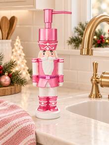 1pc Pink Christmas Bathroom Soap Dispenser, Nutcracker Design Refillable Liquid Hand Soap And Lotion Pump Bottle, Cute Vanity Sink Countertop Holiday Bathroom Decor - Multicolor - View 2
