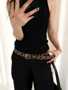 1pc American Fashion Casual Rivet Minimalist Versatile Women's PU Leather Belt - Dark Brown Leopard Print Studded Pin Buckle - View 4