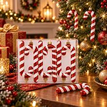 6Pcs Red White Striped Candy Cane Christmas Ornaments Set, Glitter Shiny Curved & Straight Cane Design, Xmas Tree Hanging Pendants Gift Box - one-size - View 2