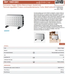 Avant Convector Hogar 2000W White/Black 2 Power Levels Adjustable Thermostat Overheat Protection, Turbo 38x61x22cm - EU F Type Plug(220-240V) - View 4