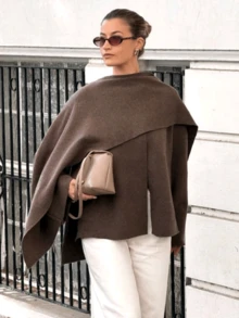 Women's Casual Oversized Poncho Style Knit Cardigan, Daily Wear - Coffee Brown - View 2