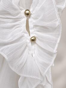 Autumn French Sweet Chiffon Slightly Sheer Ruffle V-Neck Tie-Front Draped Blouse - White - View 8