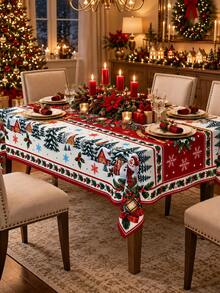 1pc Christmas Round Tablecloth, Snowman Winter Village Lantern Pinecone Print, Red Green Festive Dining Table Cover For Kitchen Decor, Holiday Party Home Decor, Christmas Decorations For Home - Multicolor - View 8