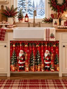 1pc-Short Christmas Window Drape Set, Red Santa Claus Christmas Tree Golden Bells Gift Box Snowflake Printed Kitchen Valance & Sink Cabinet Curtain, Rustic Holiday Window Treatment, Warm Winter Seasonal Home Decor For Farmhouse Kitchen Sink Window - Multicolor - View 7