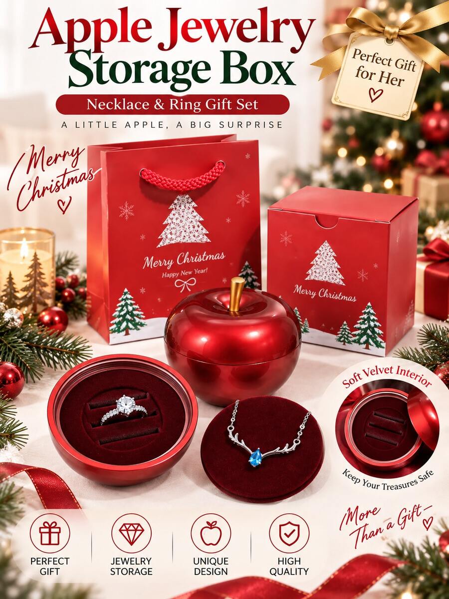 1 Set Christmas Apple Shaped Jewelry Gift Box With Red Christmas Eve Gift Bag, Can Hold Rings, Necklaces, Bracelets, Earrings. Romantic Holiday Surprise Gift For Girlfriend, Suitable For Proposal, Anniversary, Birthday. - Jewelry Box - View 1