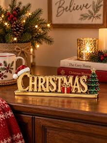 1pc Gold Christmas Letter Resin Desktop Ornament, Christmas Table Decor With Santa Hat, Gift Box And Mini Christmas Tree, Holiday Fireplace Mantel Decoration - New Product - View 3