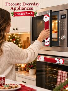 2pcs Christmas Refrigerator Door Handle Covers, Santa Claus & Reindeer Decorative Handle Protectors, Red Linen Kitchen Oven Microwave Fridge Handle Decorative Caps, Winter Holiday Home Decor - Multicolor - View 5