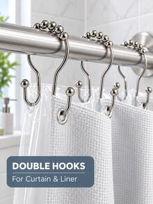 12/1pc Stainless Steel Double Roller Ball Hooks, Suitable For Bathroom - Rust-Proof, Smooth Sliding Double Rings, Suitable For Shower Curtains And Liners, Bathroom Shower Curtain Set, Bathroom Curtains, Bathroom Accessories, Shower Curtain Hooks, Bathroom Decor - Multicolor - View 6
