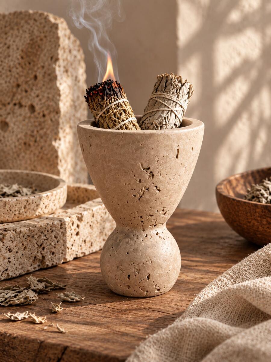 1pc Wabi-Sabi Textured Incense Holder Tray, Multi-Purpose Incense Bowl, Suitable For Yoga Meditation, Minimalist Beige Ins Style Home Desktop Decor, Incense Not Included - Stone Cave Incense Burner - View 1
