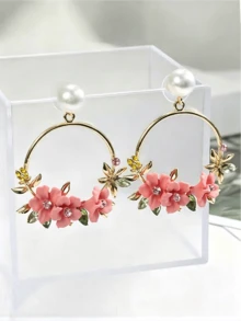 Pendientes colgantes con decoración de flores y cristales en forma de círculo, ideal para San Valentín - Rosa - Ver 1