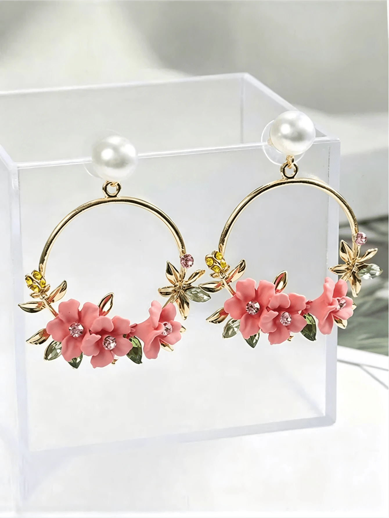 Pendientes colgantes con decoración de flores y cristales en forma de círculo, ideal para San Valentín - Rosa - Ver 1