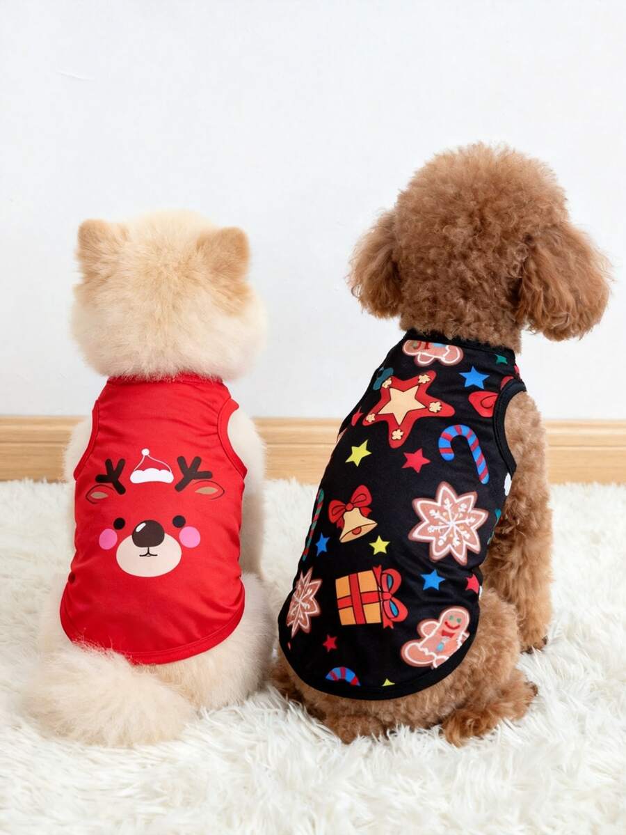 The 3estie 3eastie 2pcs Christmas Deer Print Fun Pattern Pet Vest, Physical Flea Prevention, Reduces Shedding, Insulated & Breathable, Suitable For Small And Large Dogs And Cats, Indoor And Outdoor - Multicolor - View 1
